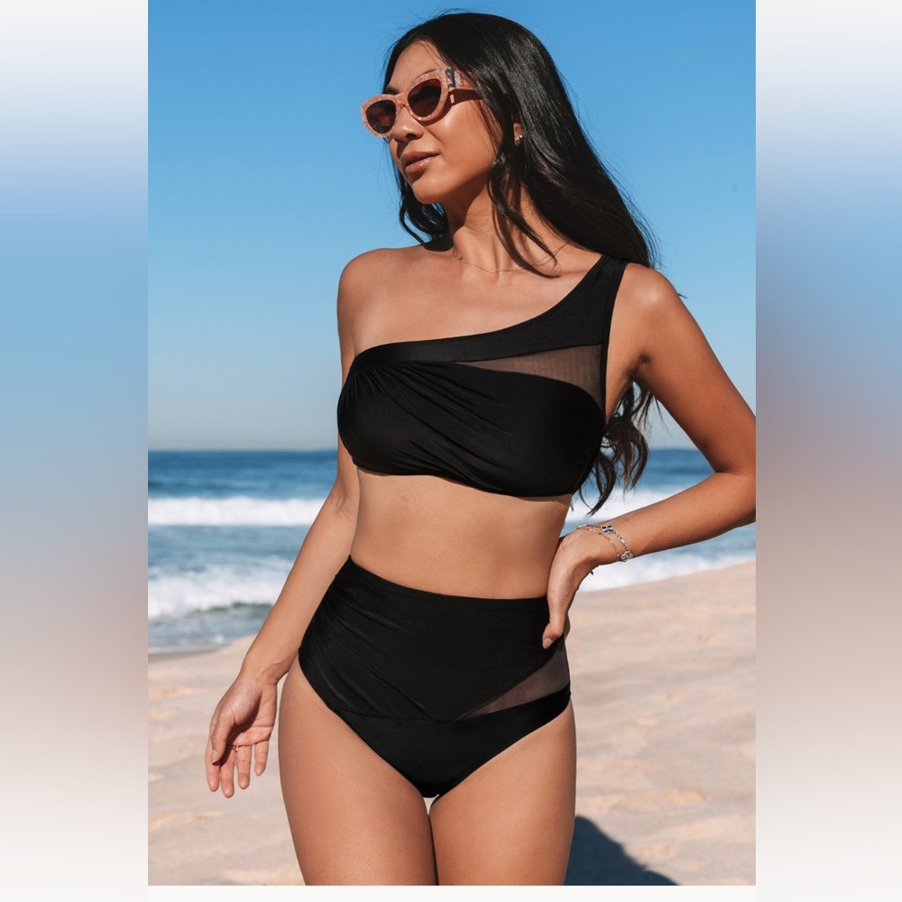 NWT Cupshe Black One Shoulder Bikini & High Waisted Bottoms Size M